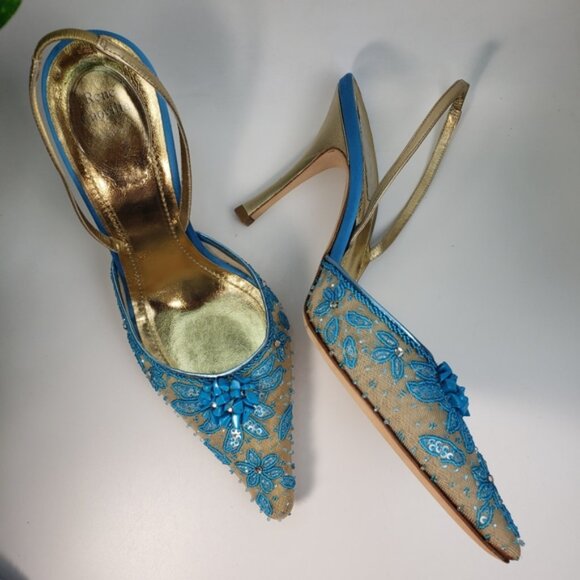 Rene Caovilla Tan w Turquoise Stones Heel Sling sz 8.5 / 39 - Picture 3 of 15